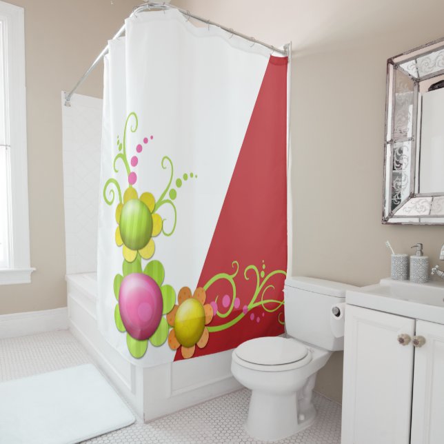 Rideau de douche à fleurs rouge (En situation)