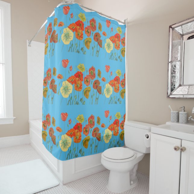 Rideau de douche à fleurs rouge, orange et bleu (En situation)