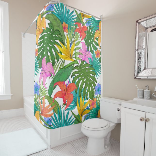 rideau de douche à fleurs tropicales (En situation)