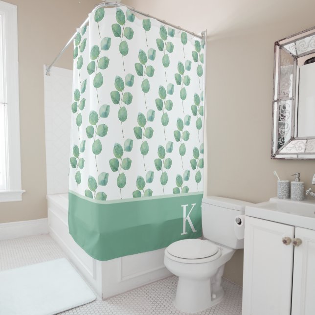 Rideau de douche à l'eucalyptus monogrammé (En situation)