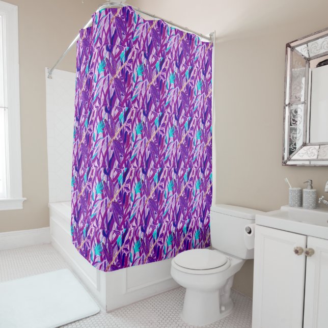 Rideau de douche à libellule violet (En situation)