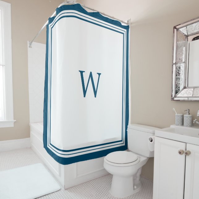 Rideau de douche à monogramme bleu (En situation)