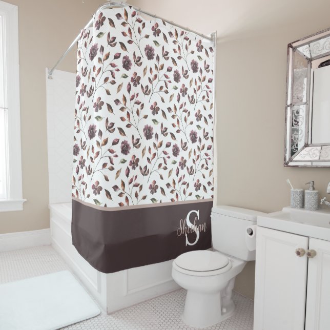 Rideau de douche à motif floral aquarellé monogram (En situation)