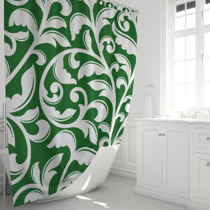 Rideau de douche à motif floral en damas vert forê