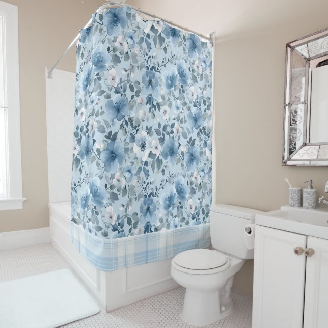 Rideau de douche à plaid bleu et blanc (En situation)
