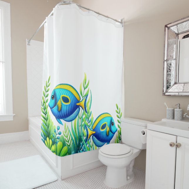 Rideau de douche à poisson bleu (En situation)