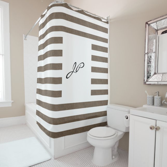 Rideau de douche à rayures Brown et blanc (En situation)