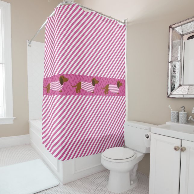 Rideau de douche à rayures rose et blanc (En situation)