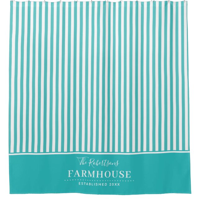 Rideau de douche à rayures turquoise et blanche (Devant)