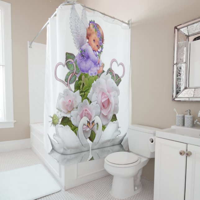 Rideau de douche Ange floral cygnes blancs (En situation)