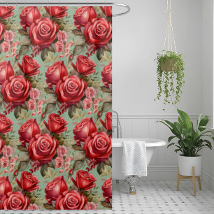 Rideau de douche aux roses rouges vert sauge éléga