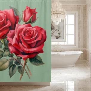 Rideau de douche aux roses rouges vert sauge éléga