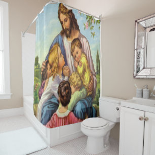 Rideau de douche blanc croisé Jésus