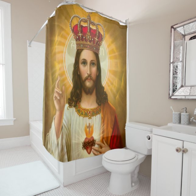 Rideau de douche blanc croisé Jésus (En situation)