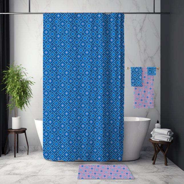 Rideau de douche bleu vif avec un flic de rose (Créateur téléchargé)