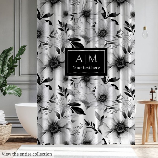 rideau de douche Bohemian noir et blanc fleurs (Bohemian black and white flowers shower curtain)