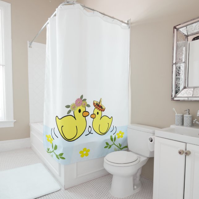 Rideau de douche Canards Jaunes Sombrero Floral (En situation)