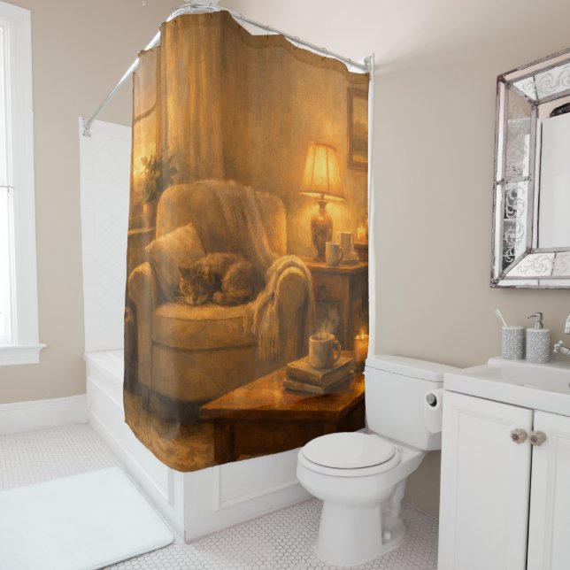 Rideau de douche Chat et Lampe de Coin Tranquille  (En situation)