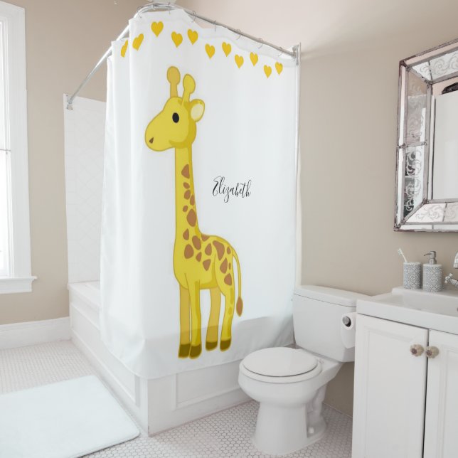 Rideau de douche Coeurs de girafe jaune (En situation)