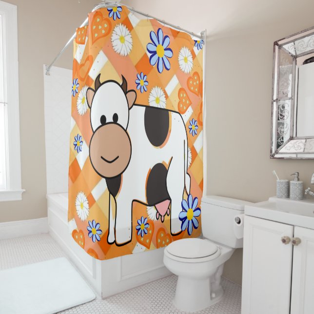 Rideau de douche Coeurs orange Fleurs bleues Vache (En situation)
