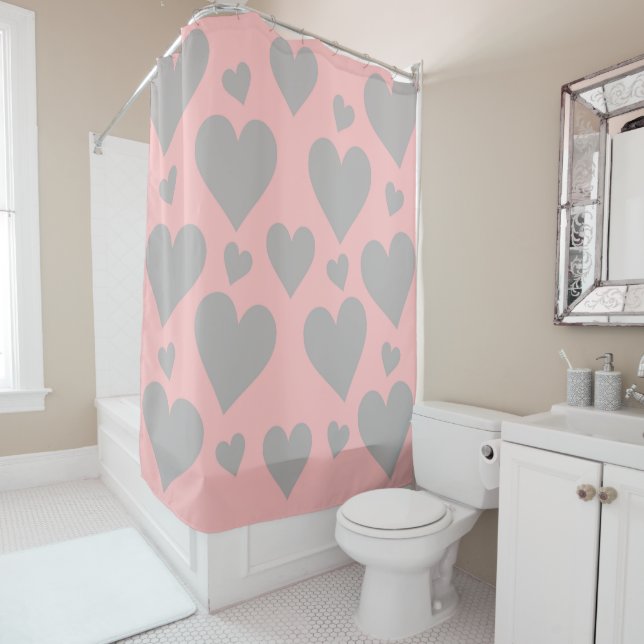 rideau de douche Coeurs rose et gris (En situation)