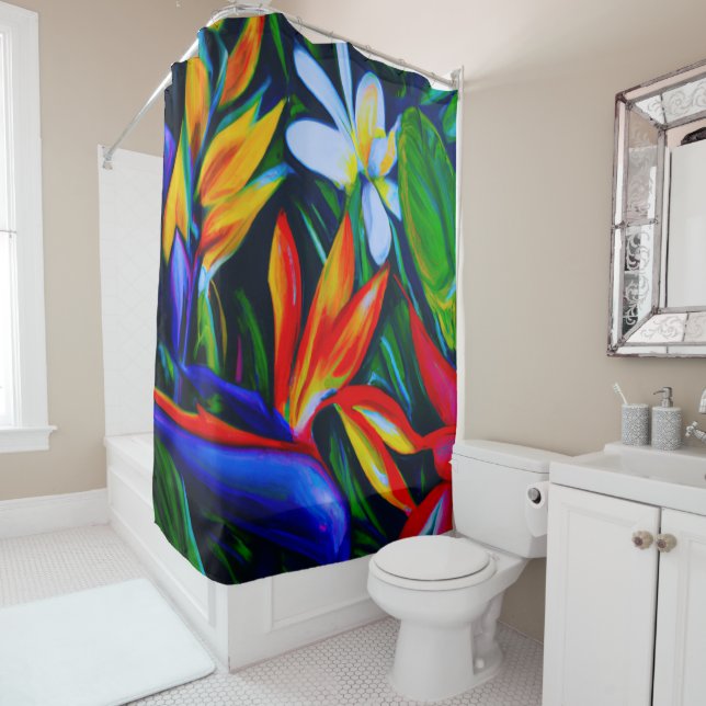 Rideau de douche d'art tropical (En situation)