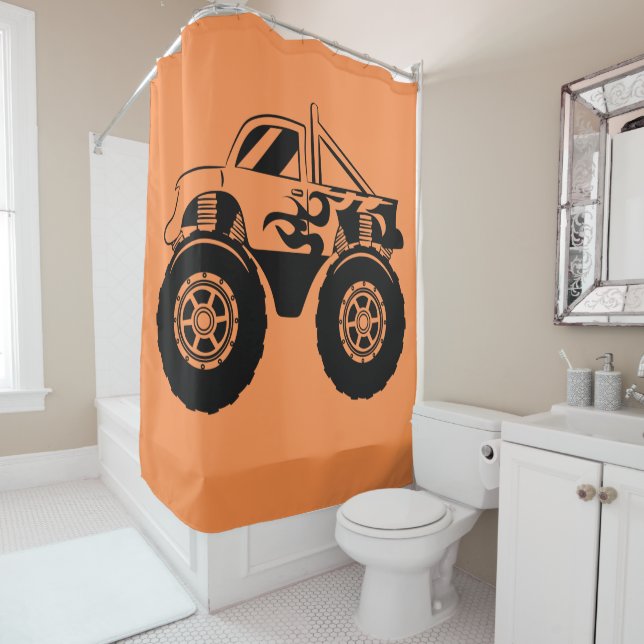 Rideau de douche de camion orange et noir Monster (En situation)