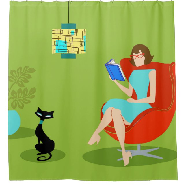 Rideau de douche de la femme de lecture rétro (Devant)