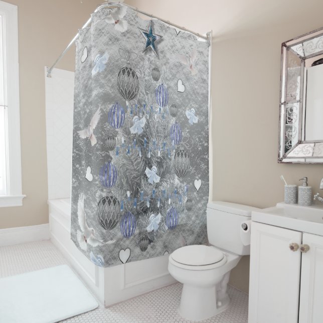 Rideau de douche de Noël, Arbre bleu argenté (En situation)