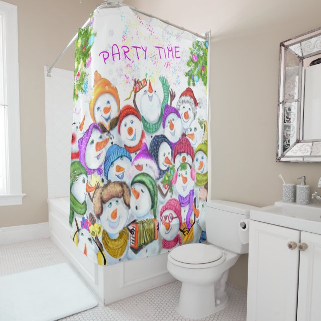 Rideau de douche de Noël avec Happy Snowmans Party (En situation)