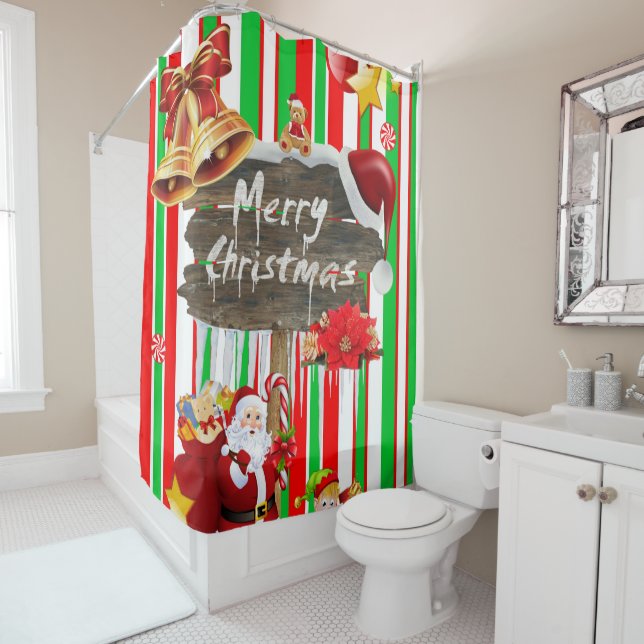 Rideau de douche de Noël, Père Noël Stripe (En situation)