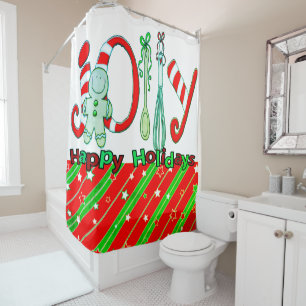 Rideau de douche de Noël, Red Green Stars Stripe