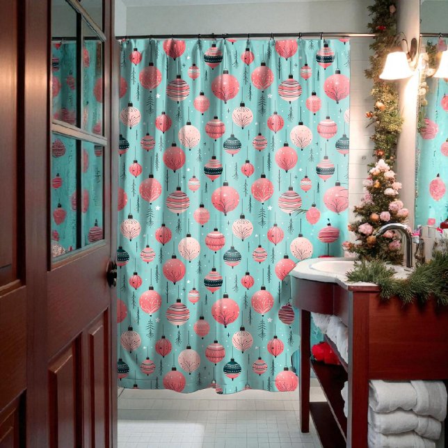 Rideau de douche de Noël rétro rose et Turquoise (Créateur téléchargé)