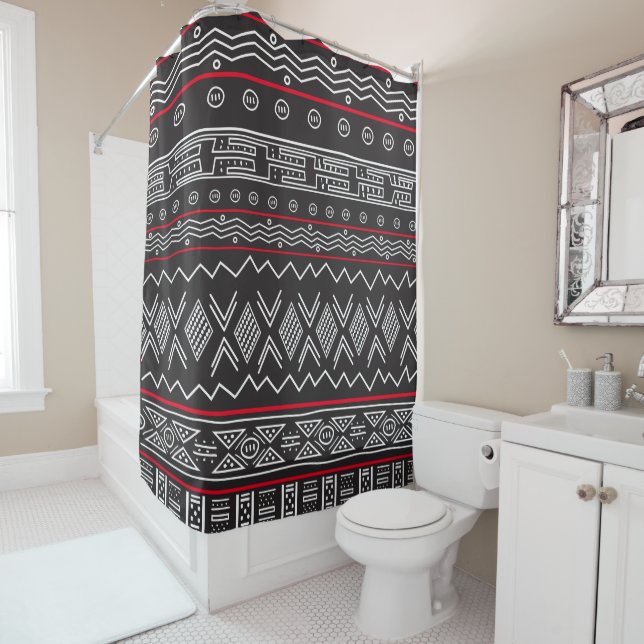 Rideau De Douche De Toile Noire Et Rouge Designer (En situation)