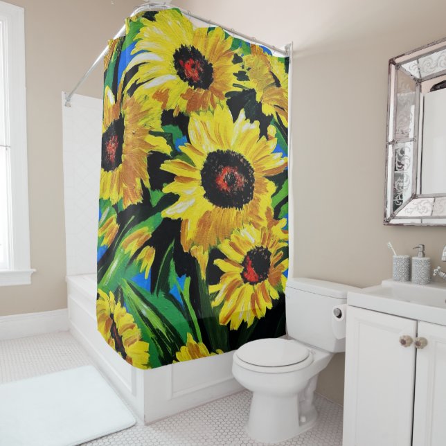 Rideau de douche de tournesol peint sur mesure (En situation)