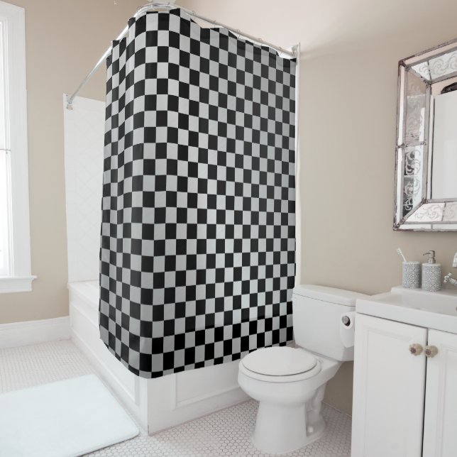Rideau de douche en acier brossé à carreaux (En situation)