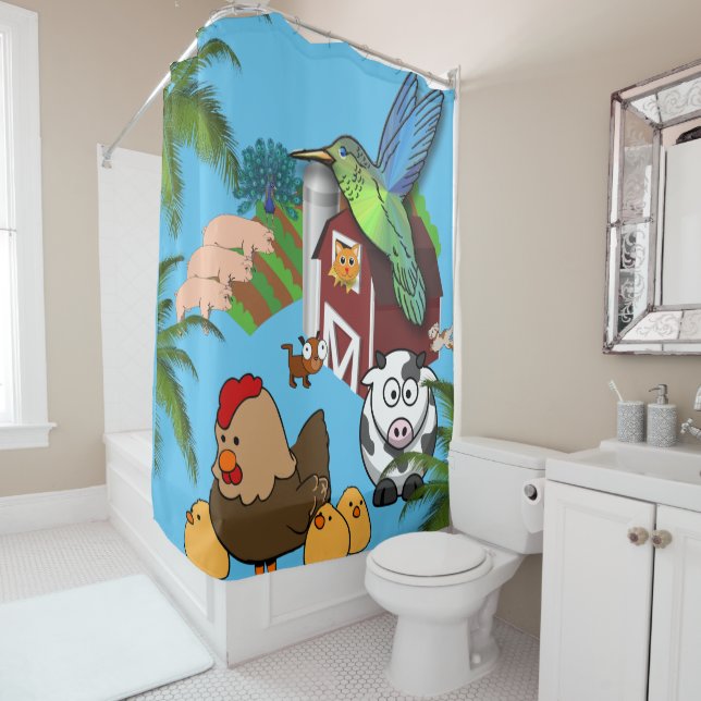 Rideau de douche Farmhouse Pigs Vache poulet (En situation)