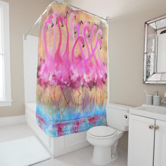 Rideau de douche Flamants roses roses (En situation)