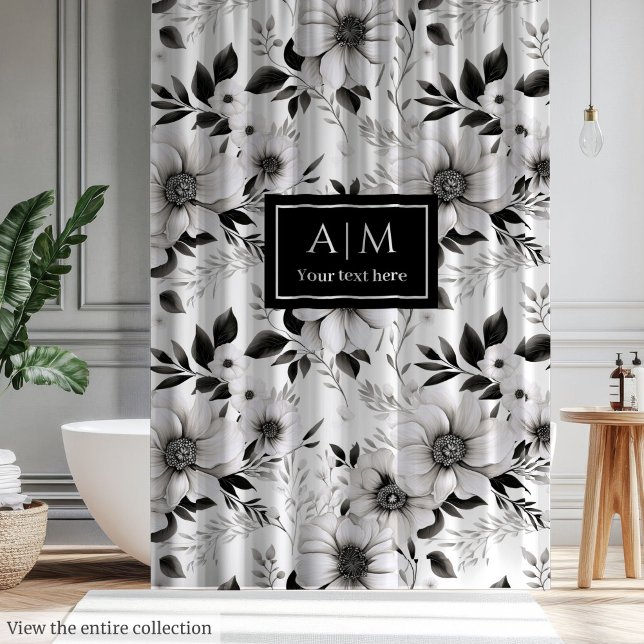 Rideau de douche fleurs noir et blanc esthétique (Aesthetic black and white flowers shower curtain)