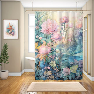 Rideau De Douche, Fleurs Roses Dans Un pré