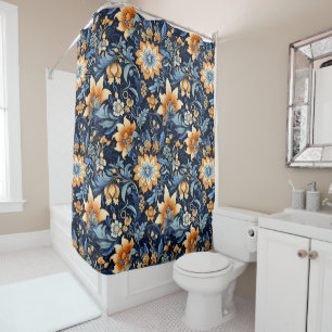 Rideau de douche floral bohème marine
