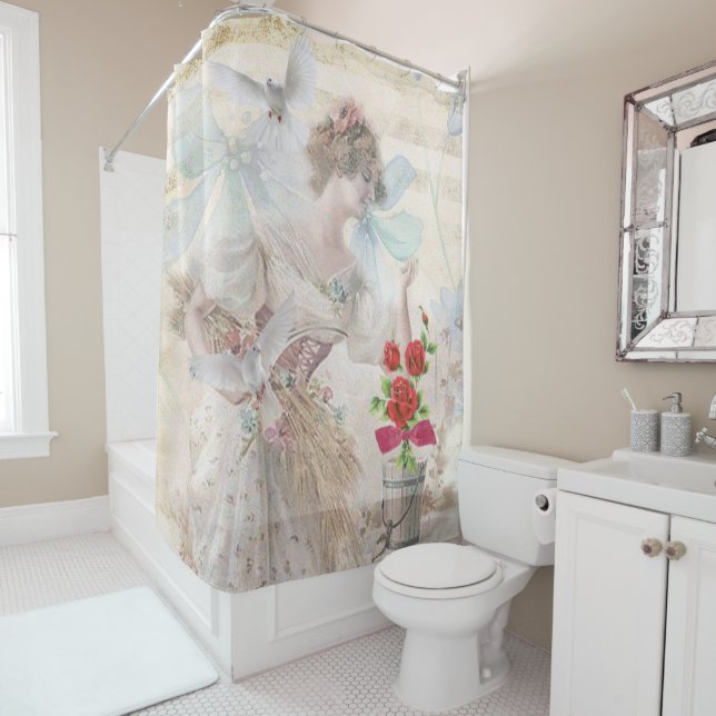 Rideau de douche Floral Victorian White Doves (En situation)