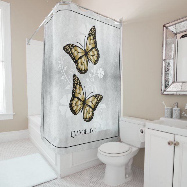Rideau de douche florale à papillon d'or (En situation)