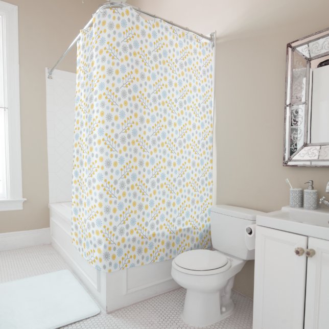 Rideau de douche Florale moderne bleu jaune et gri (En situation)
