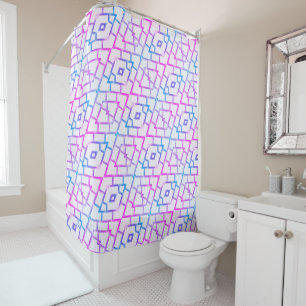 Rideau de douche géométrique rose bleu et blanc