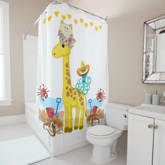 Rideau de douche Giraffe Chat Crabe Octopus (En situation)