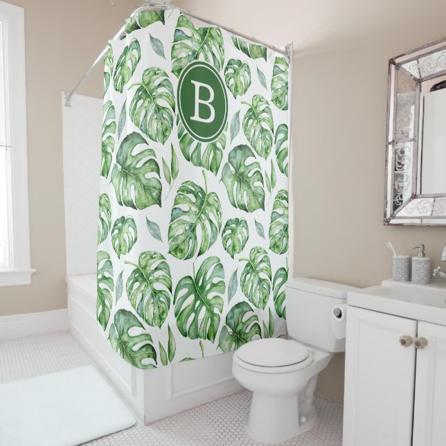 Rideau de douche Initiales Feuilles Tropicales (En situation)