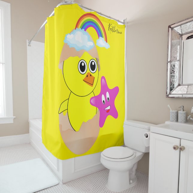 Rideau de douche Jaune Chick Arc-en-ciel (En situation)