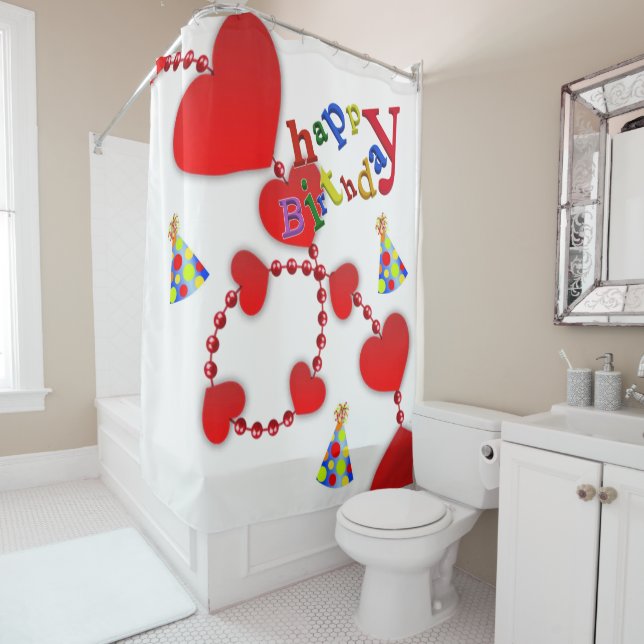 Rideau de douche Joyeux Anniversaire Coeurs rouges (En situation)