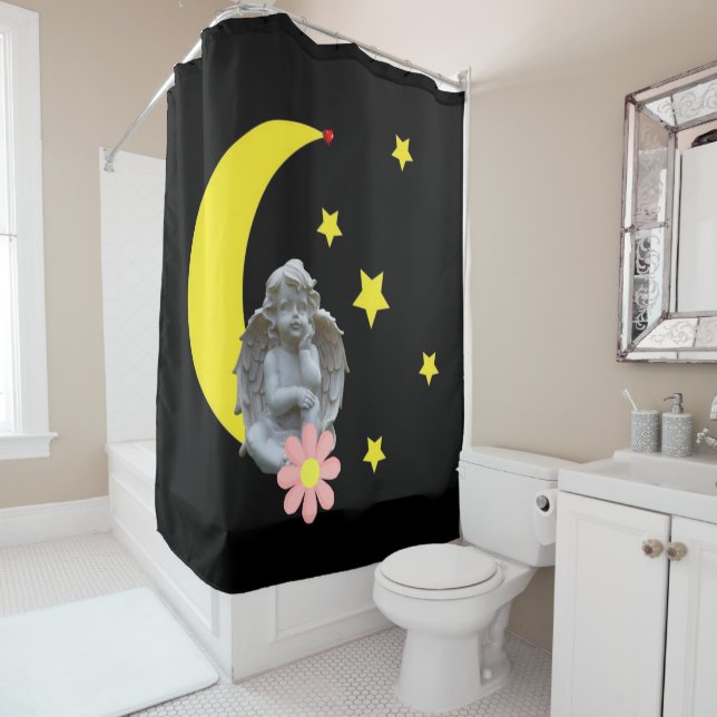 Rideau de douche Lune Jaune Noire Étoiles Angel (En situation)